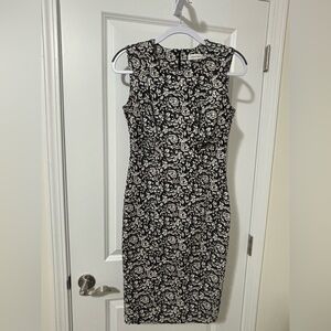 Calvin Klein Black and White Floral Midi Sheath Dress